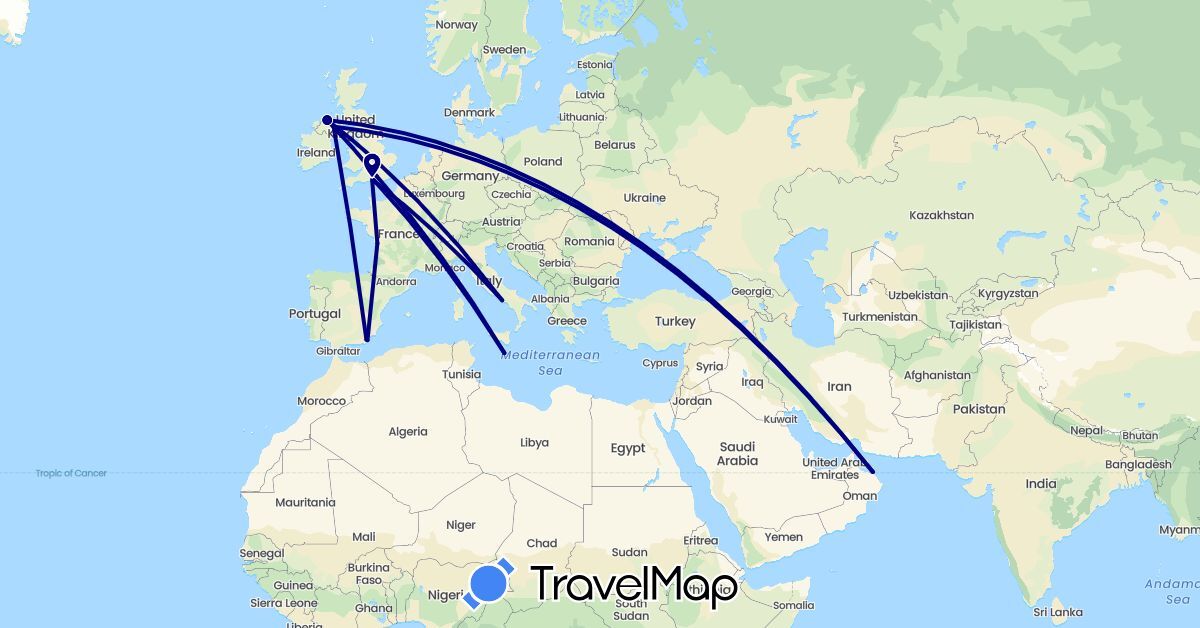 TravelMap itinerary: driving in Spain, France, United Kingdom, Italy, Malta, Oman (Asia, Europe)